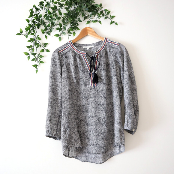 Daniel Rainn Tassel Tie Black & Beige 3/4 Sleeve Polyester Top Size Small - Picture 1 of 4